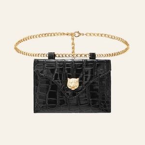 Black Small Croc Embossed Flat Chain Fanny Pack